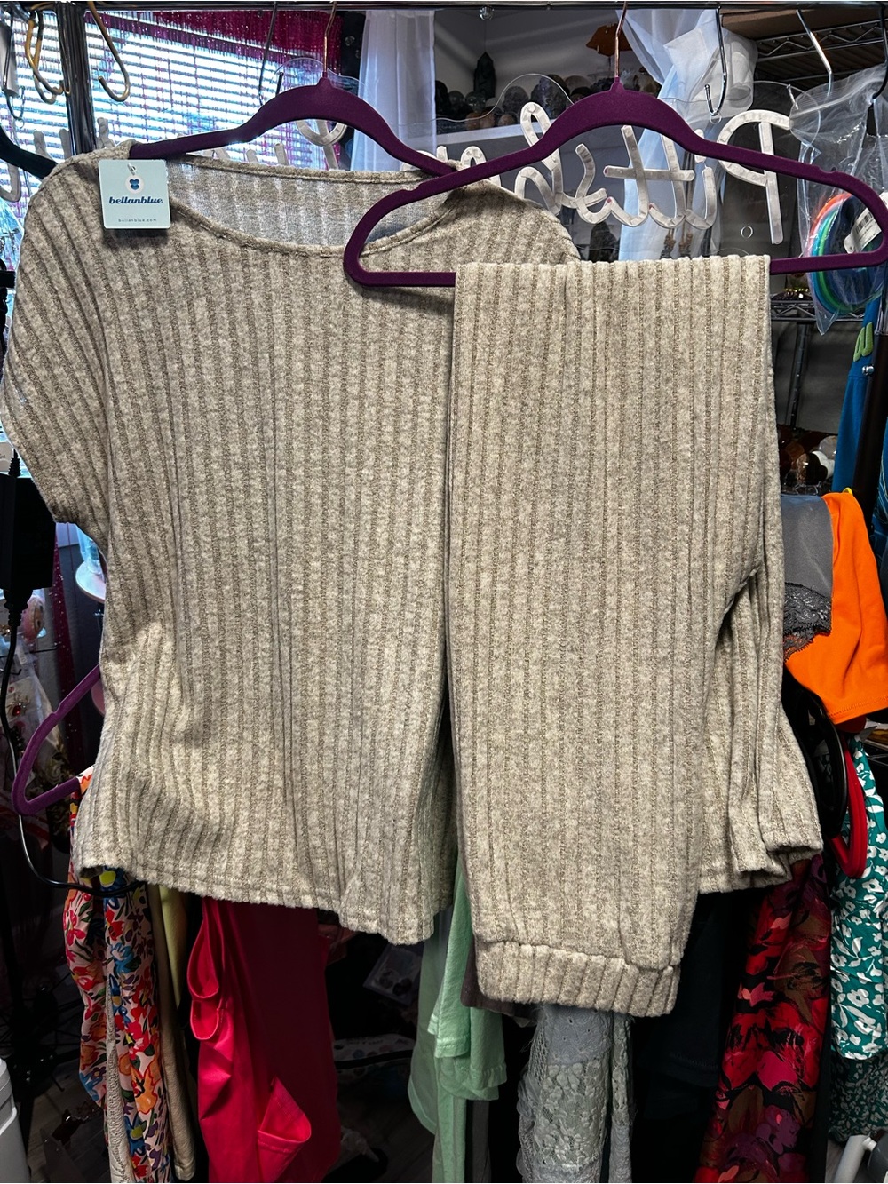 Source Unknown Ribbed Knit Beige Jogger Set